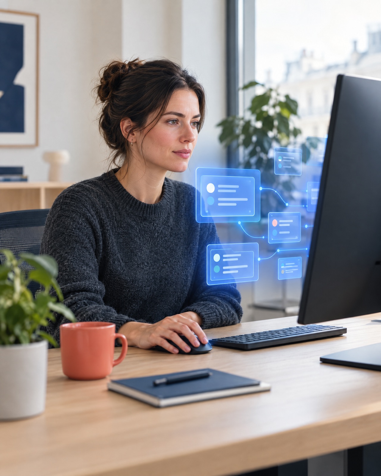 Servicedesk-engineer aan het werk, met een subtiele laag van AI-ticketkaarten naast haar scherm