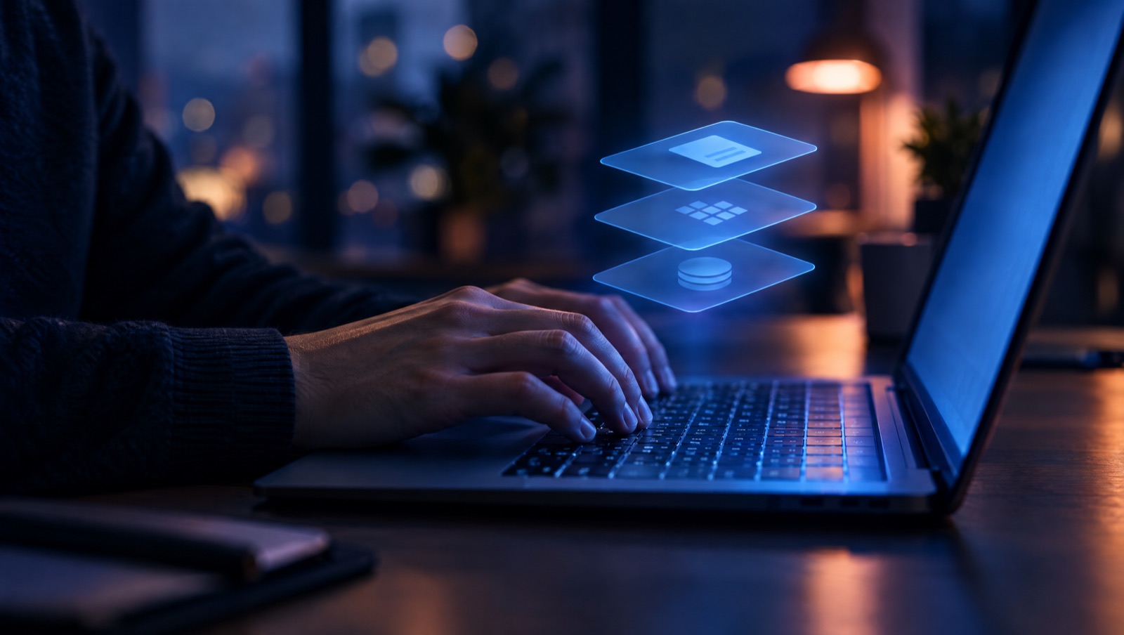 Handen op een laptop met drie zwevende, oplichtende lagen erboven