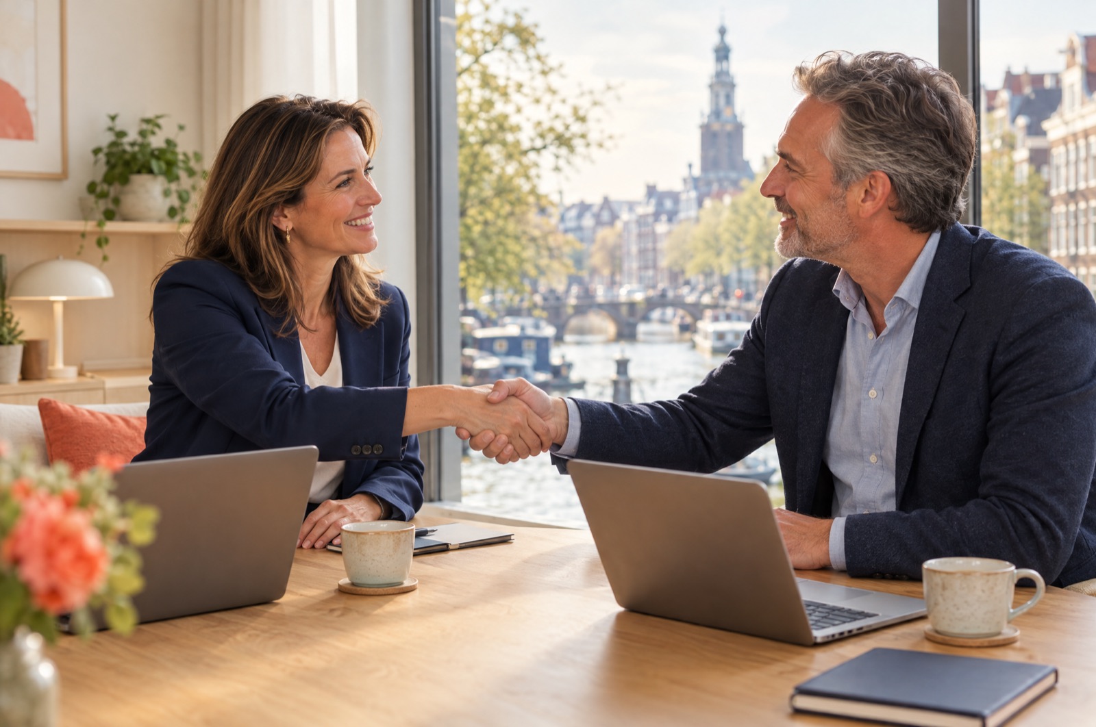 Twee MSP-eigenaren geven elkaar een hand aan een tafel met uitzicht op een grachtengordel