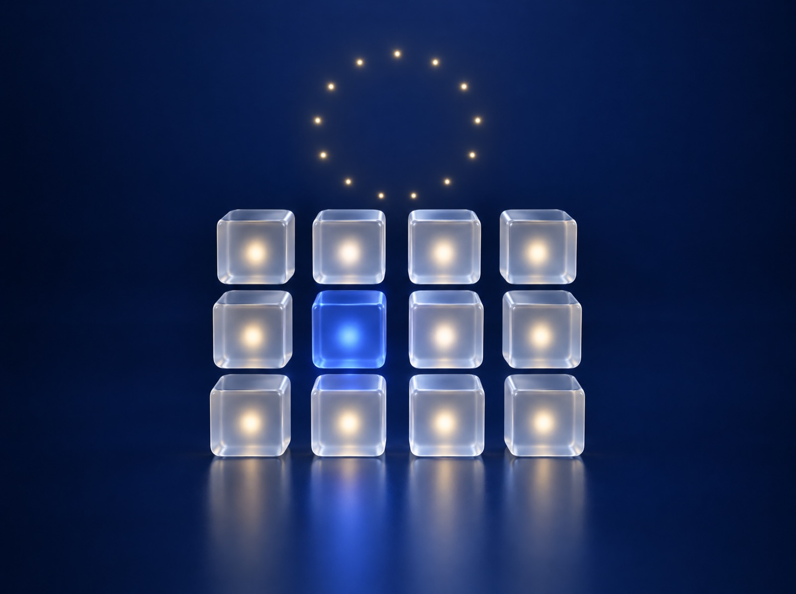 Abstracte afbeelding van gescheiden glazen blokken onder een kring van lichtpunten